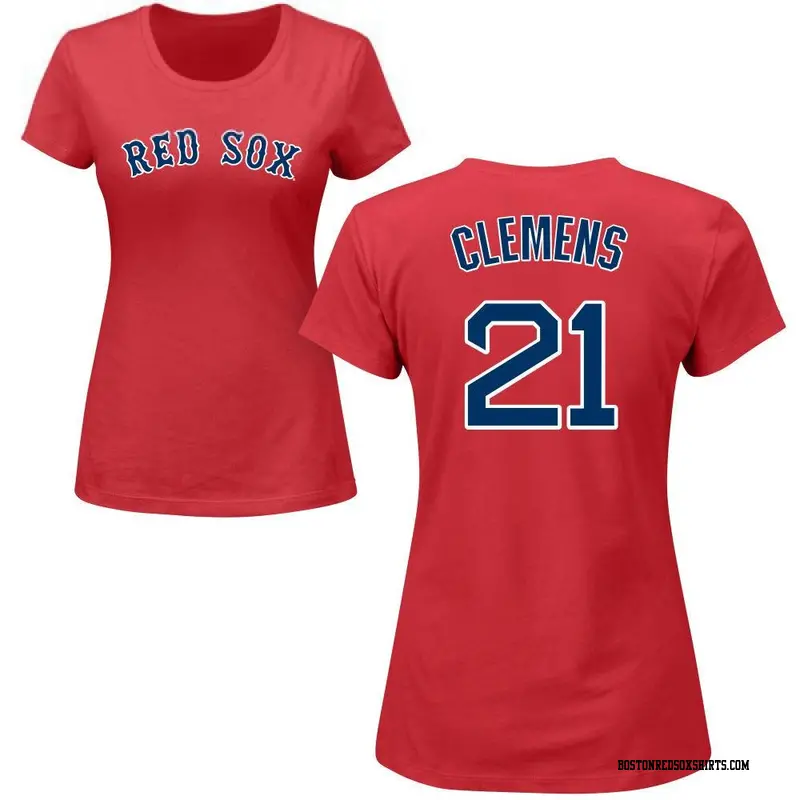 Women's Boston Red Sox ＃21 Roger Clemens Red Roster Name & Number T-Shirt