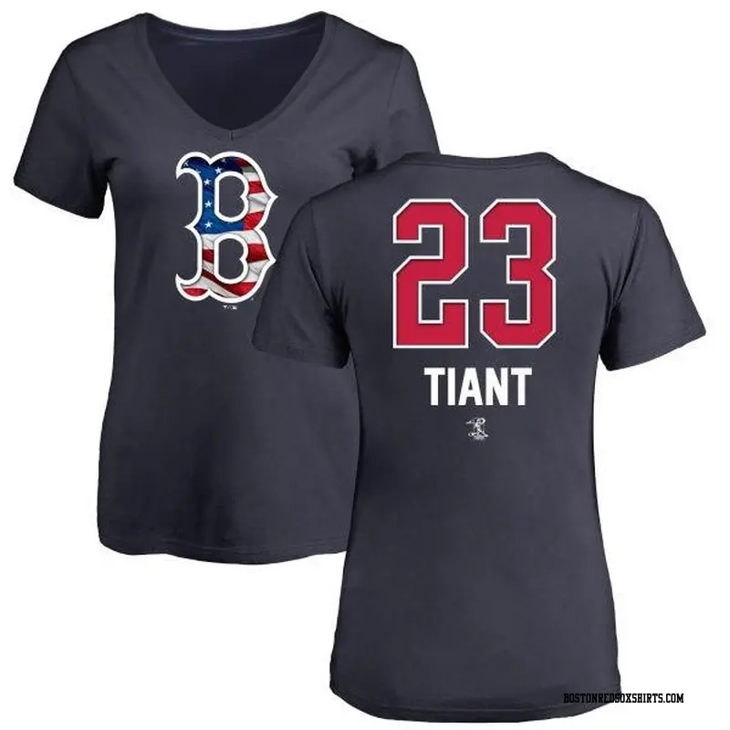 Women's Boston Red Sox ＃23 Luis Tiant Navy Branded Name and Number Banner Wave V-Neck T-Shirt